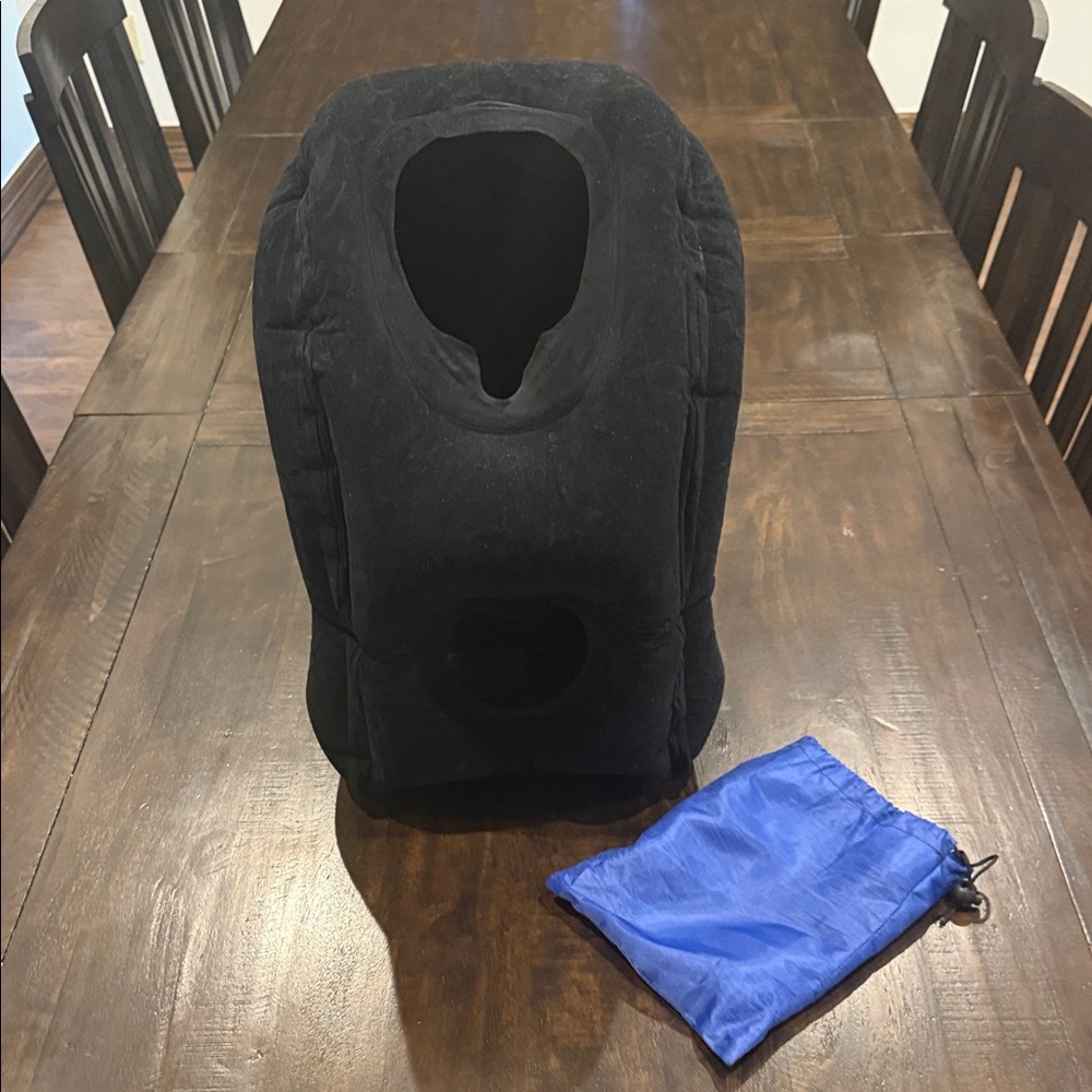 Inflatable Black Travel Pillow with Blue Pouch Perfect for Long Flights!